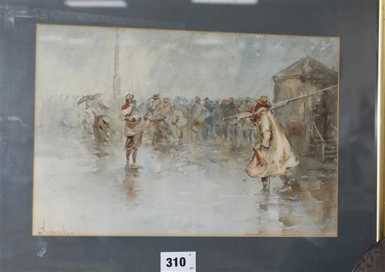 Lance Thackeray (1869-1916), watercolour, Fishermen on the wharf, signed and dated 98, 23 x 35cm.